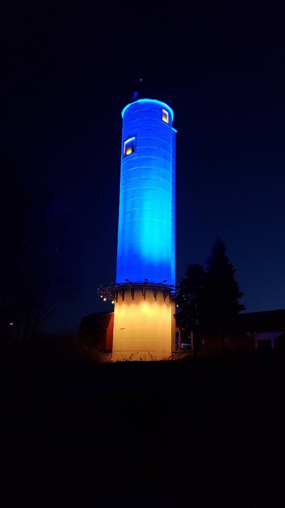 Berman Tower lit up blue and yellow in support of Ukraine.